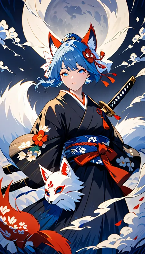 A beautiful woman with long blue hair and orange cat-like eyebrows is wearing a Japanese-style fox mask with a red pattern on her head, a black sword that shines with a dull blue light, a black kimono with silver fleur-de-lis embroidery fluttering in the w...