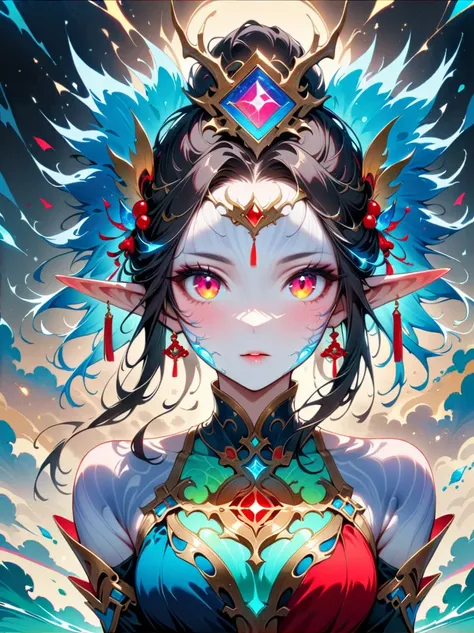 Works of Chinese style masters，shining，dream色彩，art，Ethereal，dream，Beautiful elf beauty，detailed facial features，glowing eyes，Ethereal光辉，Mythology Fairy，composition，Dazzling colors，Stunning visual effects，otherworldly appearance，Fascinating artistry，perfect...