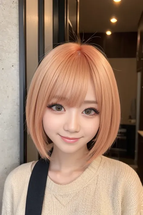 Amber orange hair,BREAK,Highlighted hair,false eyelash,japanese girl,smile