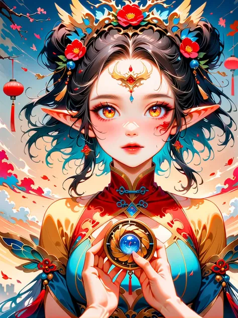 Works of Chinese style masters，shining，dream色彩，art，Ethereal，dream，Elf Beauty，detailed facial features，glowing eyes，Ethereal光辉，myth，Fairy，composition，Dazzling colors，Stunning visual effects，otherworldly appearance，Fascinating artistry，solo，Lovely，kawaii，(fi...