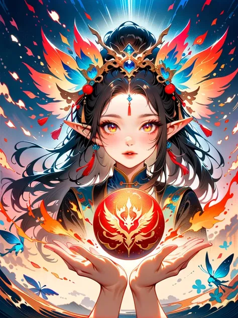 Works of Chinese style masters，shining，dream色彩，art，Ethereal，dream，Elf Beauty，detailed facial features，glowing eyes，Ethereal光辉，myth，Fairy，composition，Dazzling colors，Stunning visual effects，otherworldly appearance，Fascinating artistry，solo，Lovely，kawaii，(fi...