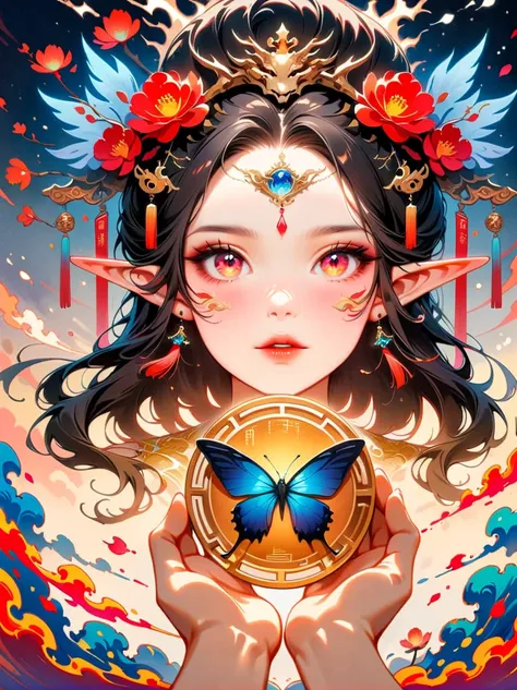 Works of Chinese style masters，shining，dream色彩，art，Ethereal，dream，Elf Beauty，detailed facial features，glowing eyes，Ethereal光辉，myth，Fairy，composition，Dazzling colors，Stunning visual effects，otherworldly appearance，Fascinating artistry，solo，Lovely，kawaii，(fi...