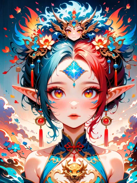 Works of Chinese style masters，shining，dream色彩，art，Ethereal，dream，Elf Beauty，detailed facial features，glowing eyes，Ethereal光辉，myth，Fairy，composition，Dazzling colors，Stunning visual effects，otherworldly appearance，Fascinating artistry，solo，Lovely，kawaii，(fi...