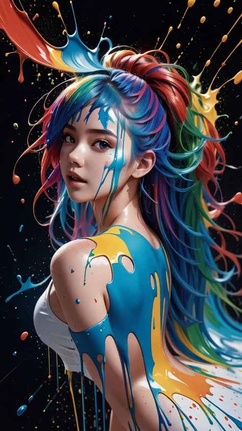 1girl,(super cutenessface),(liquid paint hair:1.1) ,thick flowing,(paint splatter:1.3),liquid state,stunningly beautiful, master...