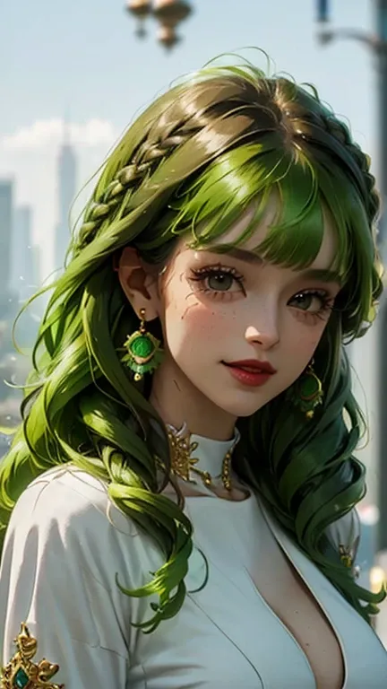 3D a is pele morena escura, (((solo))), telegram sticker, in the park sitting on the tree, skinny, super huge breasts, creating a soft, skirt female, crop top look, short sleeve hoodie, big hoop earings(((retrato realism))) (((green hair))), (((close-up de...