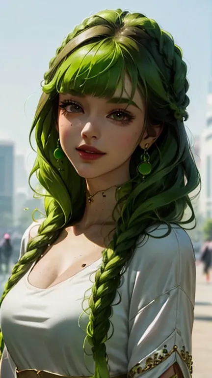 3D a is pele morena escura, (((solo))), telegram sticker, in the park sitting on the tree, skinny, super huge breasts, creating a soft, skirt female, crop top look, short sleeve hoodie, big hoop earings(((retrato realism))) (((green hair))), (((close-up de...