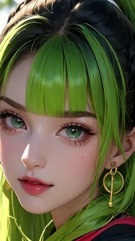 3D a is pele morena escura, (((solo))), telegram sticker, in the park sitting on the tree, skinny, super huge breasts, creating a soft, skirt female, crop top look, short sleeve hoodie, big hoop earings(((retrato realism))) (((green hair))), (((close-up de...