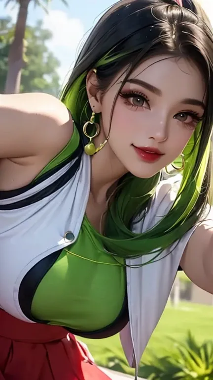 3D a is pele morena escura, (((solo))), telegram sticker, in the park sitting on the tree, skinny, super huge breasts, creating a soft, skirt female, crop top look, short sleeve hoodie, big hoop earings, full body shot(((retrato realism))) (((green hair)))...