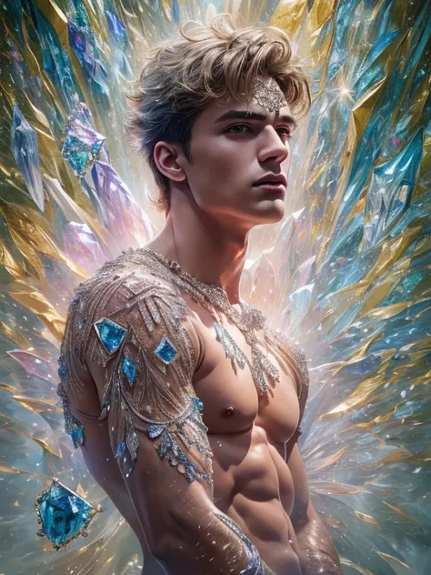 (realistic, Masterpiece, best quality, height, Highly detailed), Handsome young man poses nude surrounded by crystal, The identity of the crystal as a human, 18 year old male, bright colors, realistic light, SPARKLING REFLECTION, Bright and radiant skin, C...