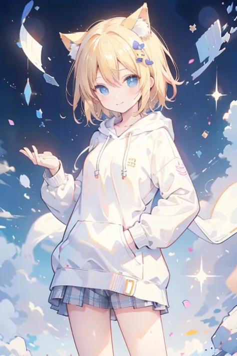 (masterpiece), (best quality), (Enlightenment), (Super detailed), (high resolution), absurd, a girl, (Kagamine), (song), Smile, Short hair details, hairpin, (cat ear hoodie), Wearing a hoodie, Cute sleeves, blush, blonde short hair, (Number 02 tattoo on le...