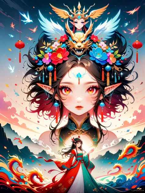 Works of Chinese style masters，shining，dream色彩，art，Ethereal，dream，Beautiful elf beauty，detailed facial features，glowing eyes，Ethereal光辉，Mythology Fairy，composition，Dazzling colors，Stunning visual effects，otherworldly appearance，Fascinating artistry，solo，Lo...