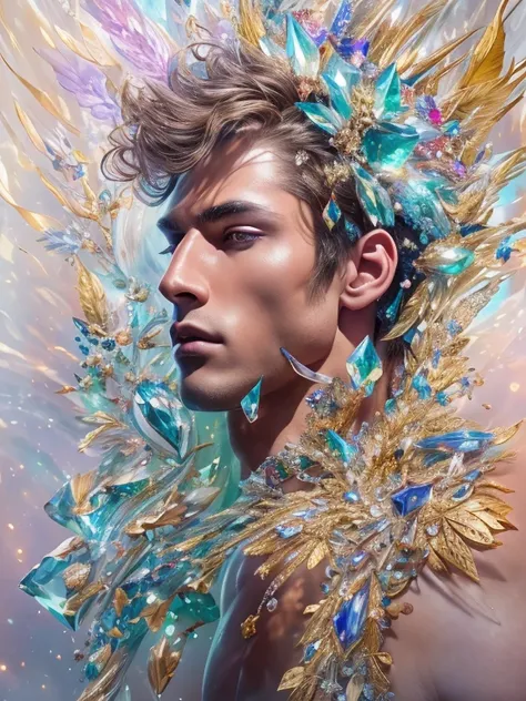 (realistic, Masterpiece, best quality, height, Highly detailed), Handsome young man poses nude surrounded by crystal, The identity of the crystal as a human, 18 year old male, bright colors, realistic light, SPARKLING REFLECTION, Bright and radiant skin, C...