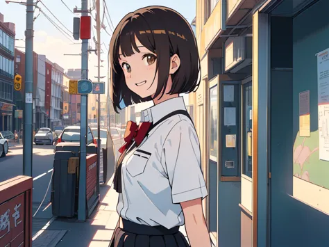 ((((Happy face)))),(((Long shot, taken from the front, 1 girl, white , black skirt, short bob, brown hair, golden eyes, 14 years old, short height, city girl))), ((On the way home from school)), ((Uniform)), (Masterpiece), (High resolution), (Top quality),...