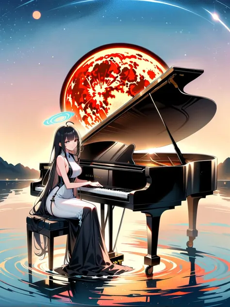 Piano Girl, masterpiece, high quality, side view, (Eye Level), long Shot, ((Sunset gorgeous starry sky)), (total solar eclipse:1.4), (huge lake background :1.2), (in the middle of the lake:1.4), (sitting on a piano chair, playing the piano:1.5), (gorgeous ...