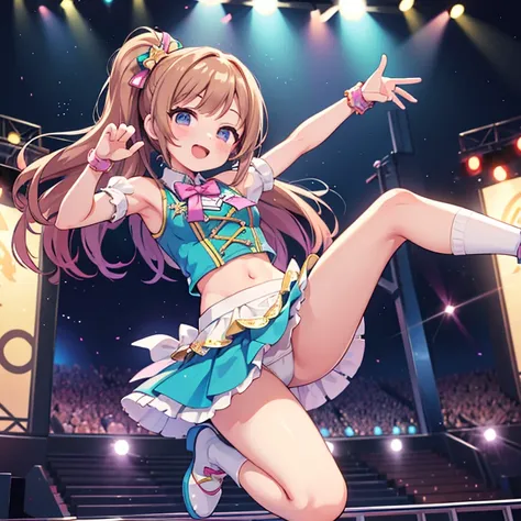 THE IDOLM@STER,idol costume,Photo session with fans,Idol Posing,,1girl,small breasts,anime style,highest quality,stage,mini skirt,white underwear,Jumping high,Smile cheerfully,random pose,She&#39;s kicking high and her underwear is showing