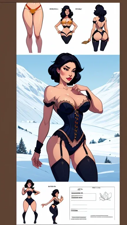 Turnaround sheet Snow White character with corset and beautiful breasts well-defined body delicate and sensual Cartoon style digital illustration 