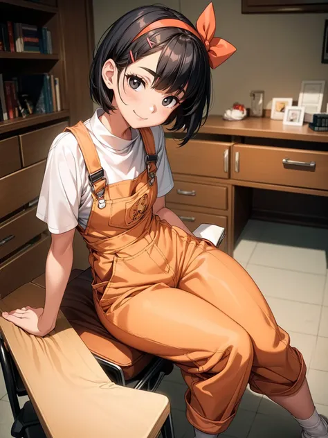 (best quality), (high detailed), (perfect body), (perfect face), one girl, asian, smile, black color hair, short hair, black eyes, small breasts, white shirt, peach color overalls, white socks, reading book, bedroom, office desk, peach color hairclip, sit ...