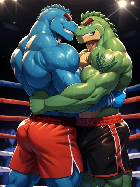 Duo big male fighters(Green Gator vs Blue Gator, handsomes, perfect eyes, Thick eyebrows), beso gay((Cuddling embraced in a boxing match, back perspective)(cuddling body frottage)), hot(Full body, shirtless), handsomes(They are handsomes, correct anatomy),...