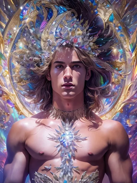 (realistic, Masterpiece, best quality, height, Highly detailed), Handsome young man poses nude surrounded by crystal, The identity of the crystal as a human, 18 year old male, bright colors, realistic light, SPARKLING REFLECTION, Bright and radiant skin, C...