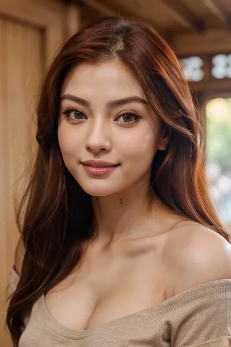 asian girl, long brown hairs , ear visible,hunter eyes, eye color blue , eyelashes,  red off shoulder t-shirt,small cleavage, highlighted red hairs, perfect anatomy,big smile on face, blushing red cheeks, sharp jawline, realistic photo looking like aishwar...