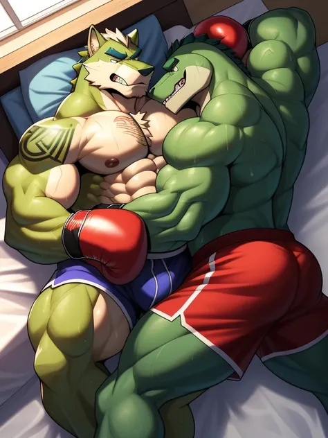 Duo big male fighters(Green Gator vs Wolf, handsomes, perfect eyes, Thick eyebrows), beso gay((Cuddling lying down embraced in a bed match, back perspective)(cuddling body frottage)), hot(Full body, shirtless), handsomes(They are handsomes, correct anatomy...