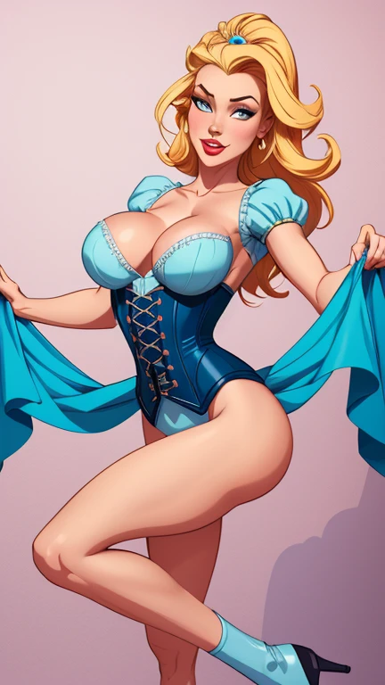 Dynamic pose Cinderella character with corset and beautiful breasts well-defined body delicate and sensual Cartoon style digital illustration 