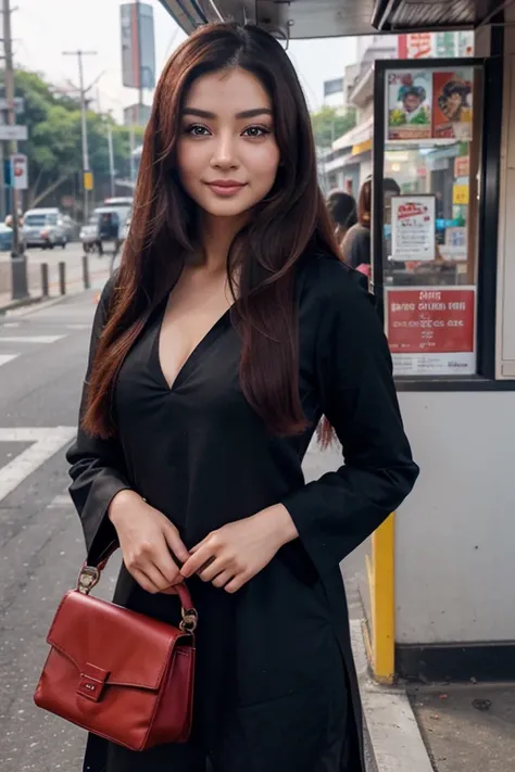 asian girl, long black hairs , ear visible,hunter eyes,sharp nose, eye color blue ,brown eyelashes, black long kurta,small cleavage, highlighted red hairs, perfect anatomy,big smile on face, blushing red cheeks, sharp jawline,long legs standing on bus stan...