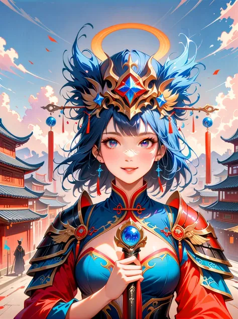 masterpiece，Realistic，Deep color，blue tint，Surrealism, Star光环, In the bright embrace of the moonlight serenade，(Black Chinese armor)，gentle beautiful girl，(The girl holds a sword in her hand)，Women&#39;s Armor，solo，pauldron，helmet，Chinese city background，b...