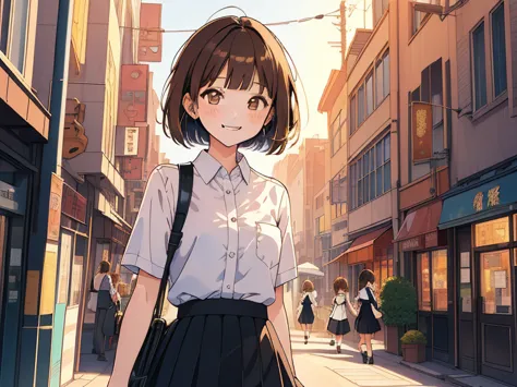 ((((Happy face)))),(((Long shot, taken from the front, 1 girl, white , black skirt, short bob, brown hair, golden eyes, 14 years old, short height, city girl))), ((On the way home from school)), ((Uniform)), (Masterpiece), (High resolution), (Top quality),...