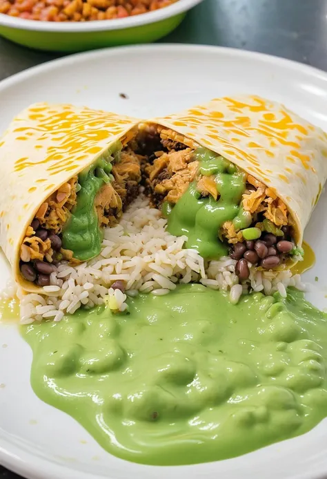 disgusting looking burrito on a plate in a cafeteria that is cut in half and the contents consist of rice beans chicken fuzzy mold and green gooey slime and barf