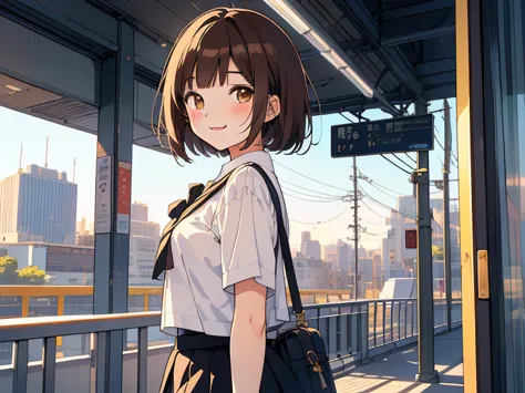 ((((Happy face)))),(((Long shot, taken from the front, 1 girl, white , black skirt, short bob, brown hair, golden eyes, 14 years old, short height, city girl))), ((On the way home from school)), ((Uniform)), (Masterpiece), (High resolution), (Top quality),...