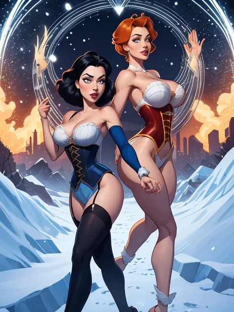 Beautiful character pose in dynamic pose two women together Snow White on the left and together with Cinderella on the right with a symmetrical body with a corset and beautiful breasts, corpo bem definido, delicado e sensual, estilo de desenho animado, dig...