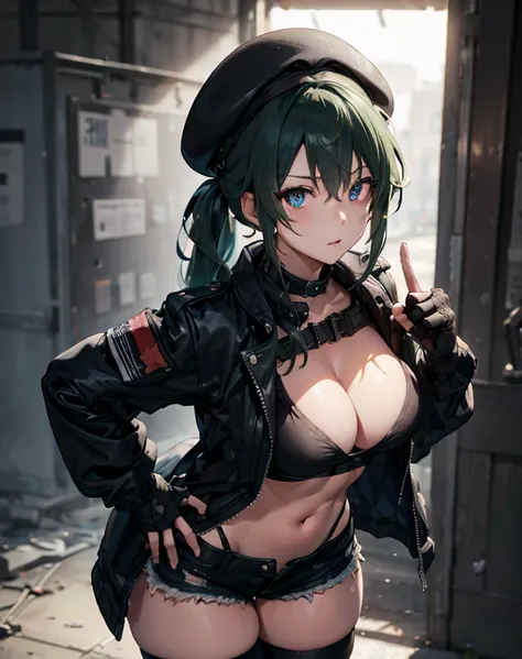 ubel,dark green hair,long hair,side ponytail,hair between eyes,bangs, BREAK (beret, black jacket, open clothes, cleavage, midriff, black shorts, black thighhighs, thigh strap, fingerless gloves, single glove:1.2) BREAK blurry background, BREAK pose, hand o...