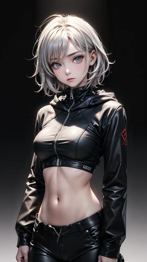 (Highly detailed CG unit 8k wallpaper, masterpiece, High resolution, highest quality, natural skin texture), ((20 year old woman, Composition from head to abdomen:1.5, upper body focus:1.5)), Hands in pockets pose:1.5, detailed eyes, gradient eyes, hooded ...