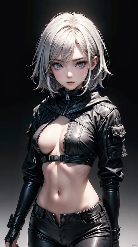 (Highly detailed CG unit 8k wallpaper, masterpiece, High resolution, highest quality, natural skin texture), ((20 year old woman, Composition from head to abdomen:1.5, upper body focus:1.5)), Hands in pockets pose:1.5, detailed eyes, gradient eyes, hooded ...