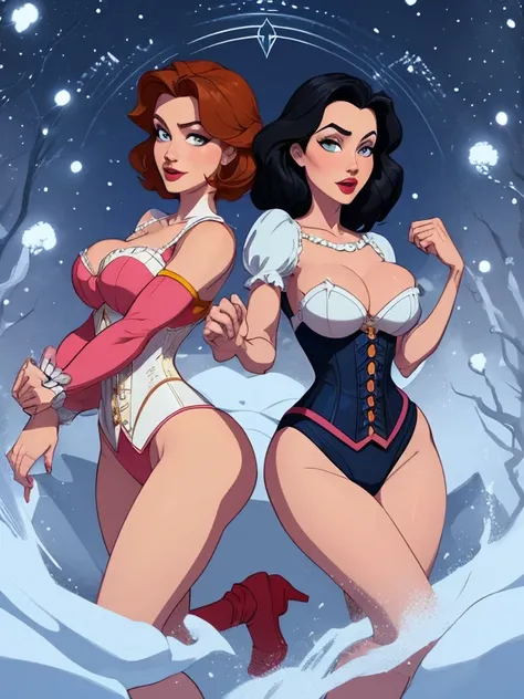 Beautiful character pose in dynamic pose two women together Snow White on the left and together with Cinderella on the right with a symmetrical body with a corset and beautiful breasts, corpo bem definido, delicado e sensual, estilo de desenho animado, dig...