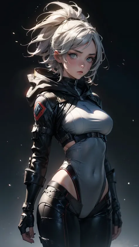 (Highly detailed CG unit 8k wallpaper, masterpiece, High resolution, highest quality, natural skin texture), ((20 year old woman, Composition from head to abdomen:1.5, upper body focus:1.5)), Hands in pockets pose:1.5, detailed eyes, gradient eyes, hooded ...