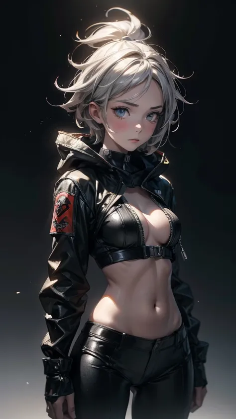 (Highly detailed CG unit 8k wallpaper, masterpiece, High resolution, highest quality, natural skin texture), ((20 year old woman, Composition from head to abdomen:1.5, upper body focus:1.5)), Hands in pockets pose:1.5, detailed eyes, gradient eyes, hooded ...