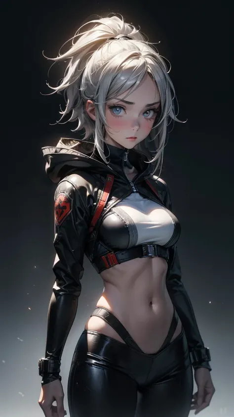 (Highly detailed CG unit 8k wallpaper, masterpiece, High resolution, highest quality, natural skin texture), ((20 year old woman, Composition from head to abdomen:1.5, upper body focus:1.5)), Hands in pockets pose:1.5, detailed eyes, gradient eyes, hooded ...