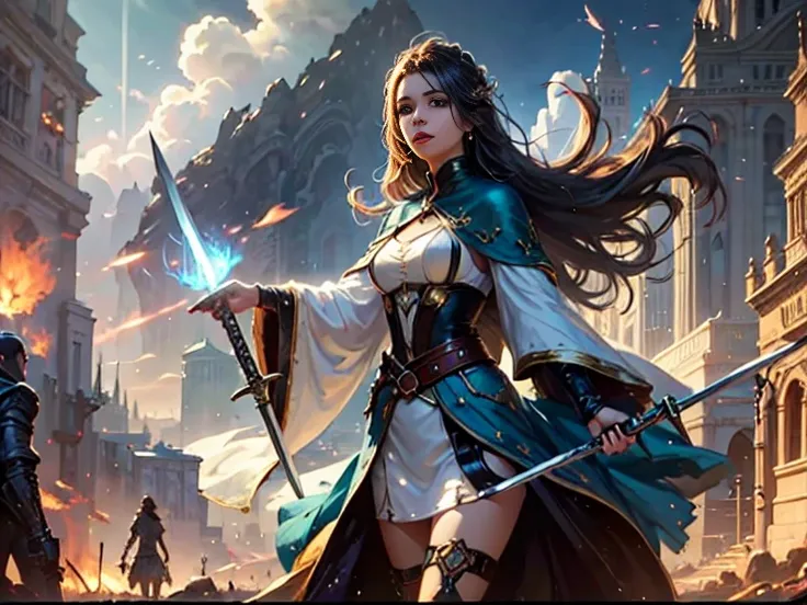 a woman in a white dress holds a sword and sword, fantasy character art, wlop 和ross tran, epic fantasy character art, fantasy ca...