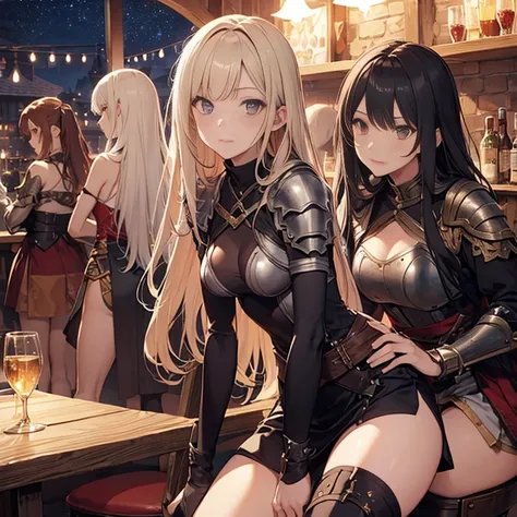 A group of  female medieval fantasy adventurers, (in tavern), various hair styles, harem, night, details face, short skirt, seducing, sleeveless, armor 