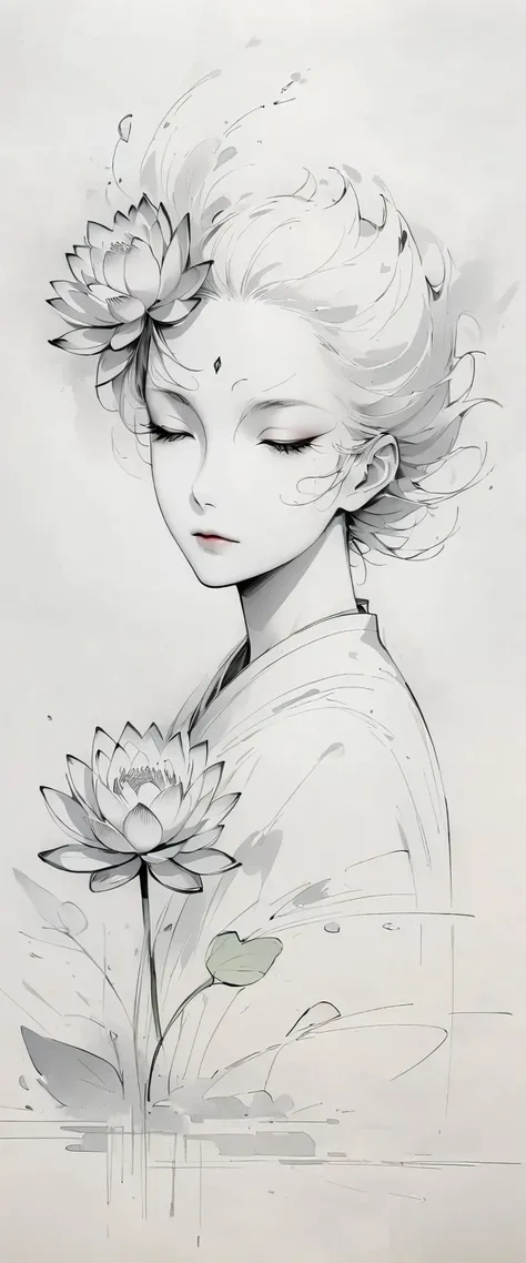 (Anime line drawing:1.5)，(black and white painting:1.45)，Minimalism，(line art:1.6)，sketch，Charcoal drawing，mask，lotus