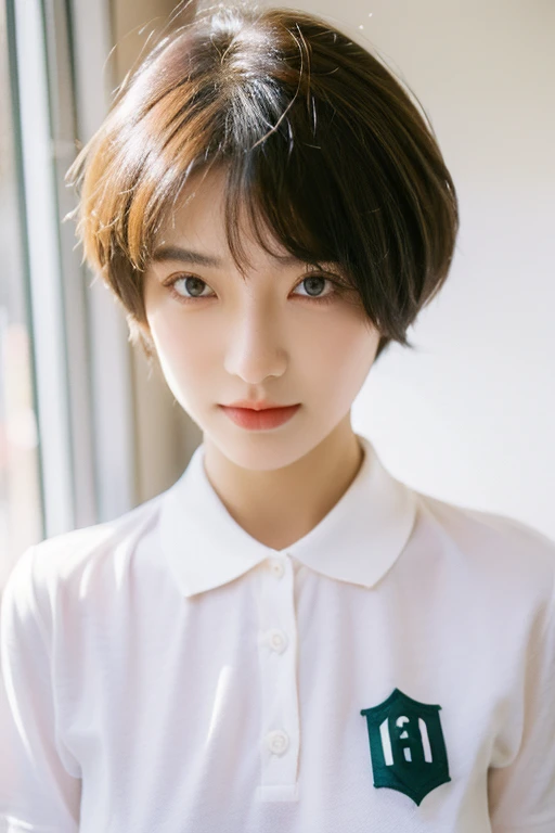 Short-haired beauty with white POLO shirt T-shirt and exquisite facial features