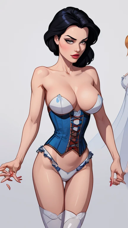 Beautiful character pose in dynamic love pose two women together Snow White on the left and together with Cinderella on the right they are girlfriends with a symmetrical body with a corset and beautiful breasts, corpo bem definido, delicado e sensual, esti...