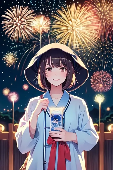 Illustration of a manga-style girl with fireworks