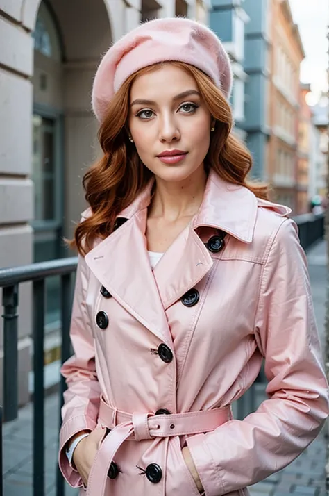 A close-up portrait of a gorgeous, beautiful, stunning russian woman wearing a classy elegant outfit: a pale pink belted double breasted leather trench coat with black buttons, a white blouse, a pale pink beret. A redhead woman from Russia, delicate red li...