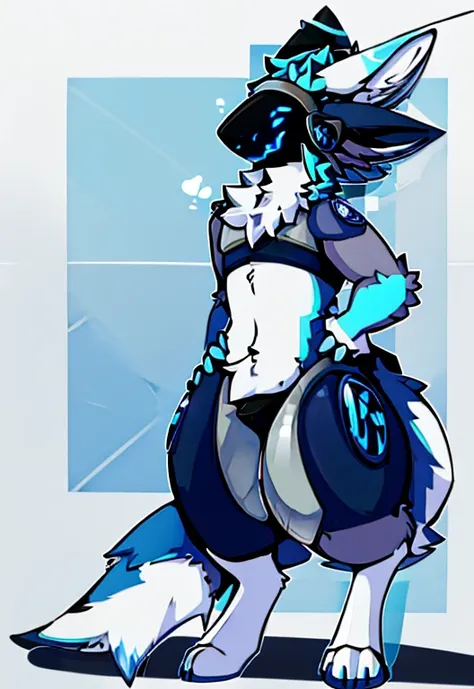 Blue protogen, white fur, blue components, shark fins, shark tail, male, anime, cute, white color background, full body, standing