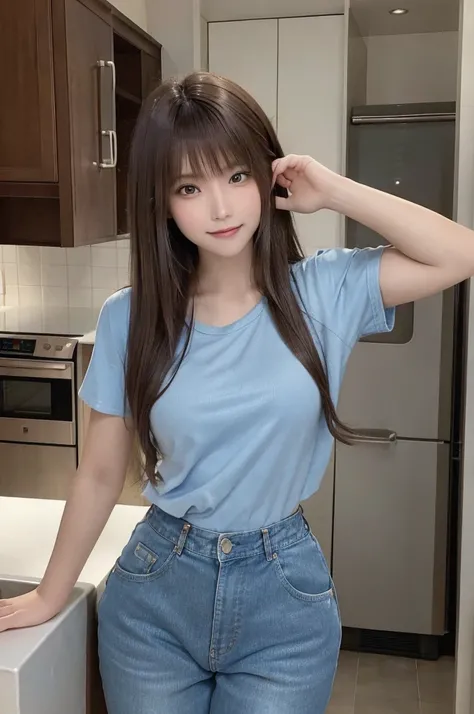 masterpiece, highest quality, High resolution, amazingly beautiful woman,21 years old,one beautiful girl,Cooking in the kitchen,shaking a frying pan,Shoulder-length brown hair,Pose in front of the camera, Baggy rolled up denim pants,Baggy T-shirt,small bre...