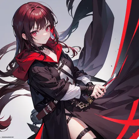 a female assassin has dark red hair, has a scar on her eyebrow, wears a dark brown assassin robe with two daggers, has the appearance of a thug, anime style, a 19 year old teenager