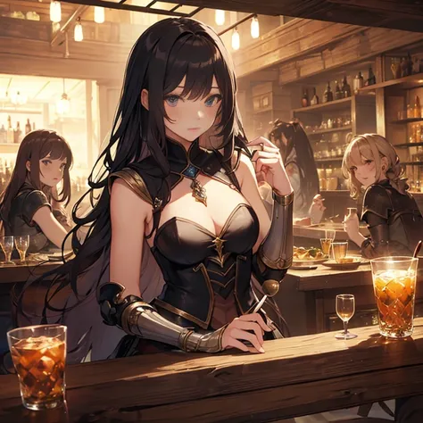 A group of  female medieval fantasy adventurers, (in tavern), various hair styles, harem, night, details face, seducing, sleeveless, armor 